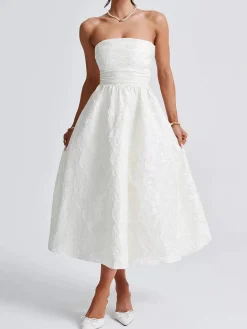 Clearance Retro Stage 1950s Solid Jacquard Floral Bandeau Lace-Up Dress
