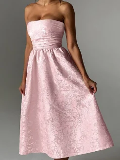 Clearance Retro Stage 1950s Solid Jacquard Floral Bandeau Lace-Up Dress