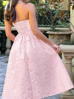 Clearance Retro Stage 1950s Solid Jacquard Floral Bandeau Lace-Up Dress