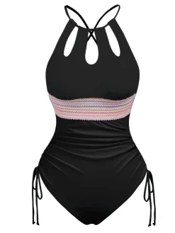 Discount Retro Stage 1950s Solid Keyhole Collar Cross-Bind Swimsuit