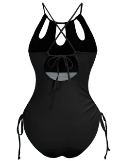 Discount Retro Stage 1950s Solid Keyhole Collar Cross-Bind Swimsuit