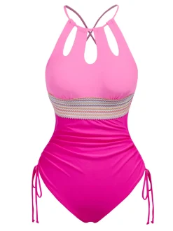 Discount Retro Stage 1950s Solid Keyhole Collar Cross-Bind Swimsuit