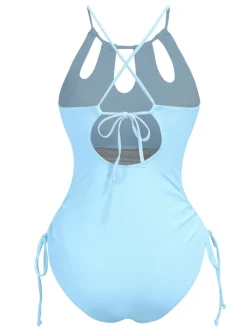 Discount Retro Stage 1950s Solid Keyhole Collar Cross-Bind Swimsuit