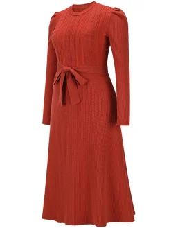 Hot Retro Stage 1940s Solid Knitted Lantern A-line Belt Dress