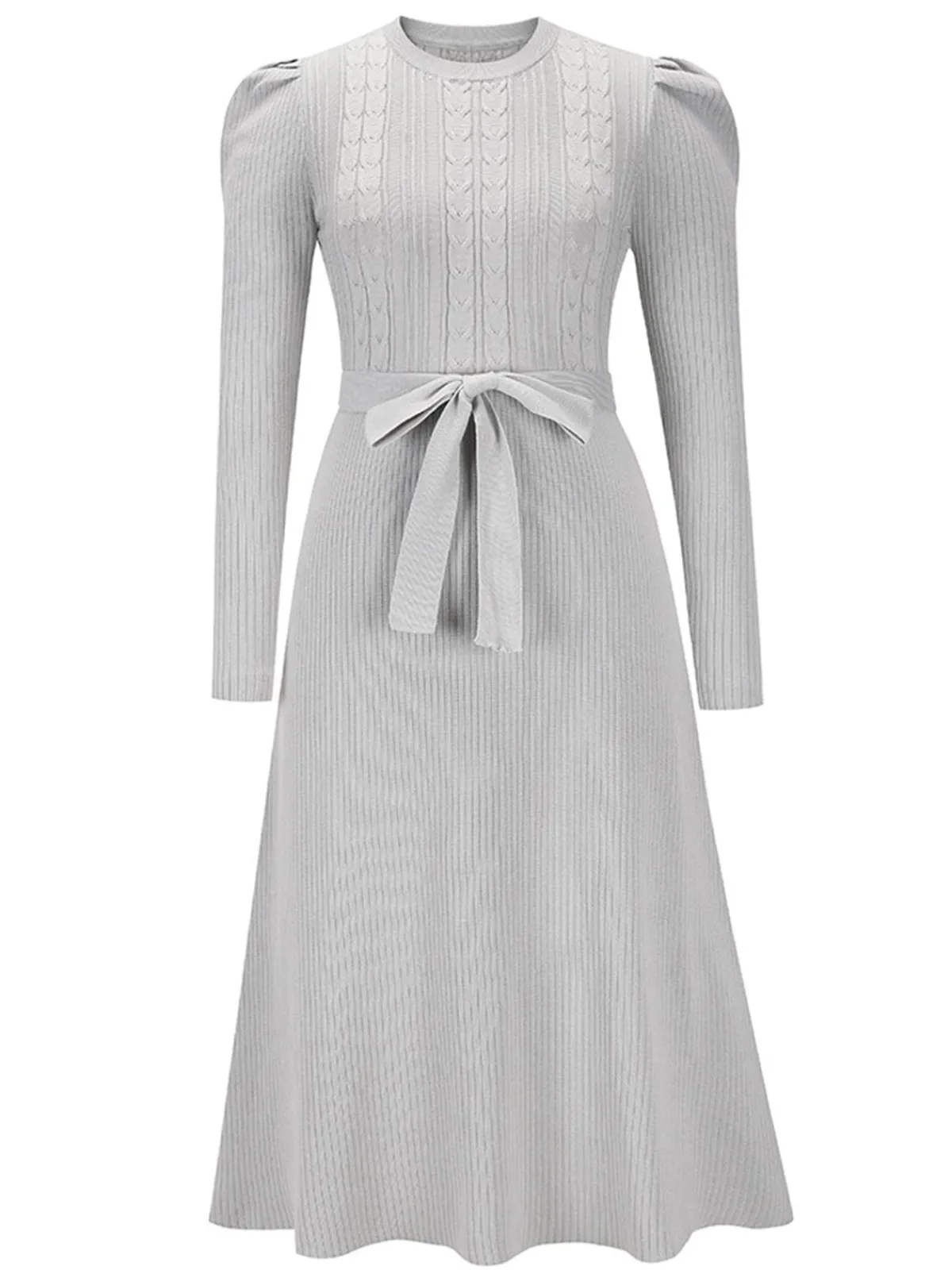 Hot Retro Stage 1940s Solid Knitted Lantern A-line Belt Dress