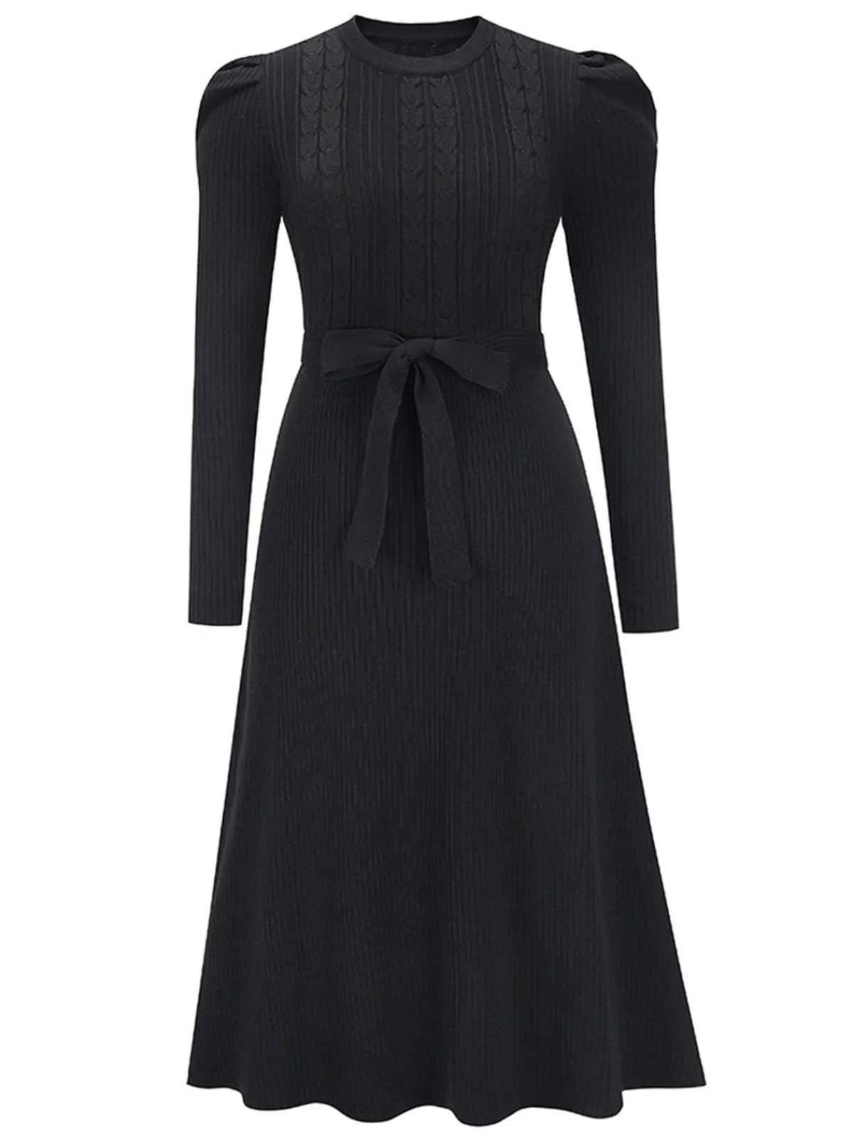 Hot Retro Stage 1940s Solid Knitted Lantern A-line Belt Dress