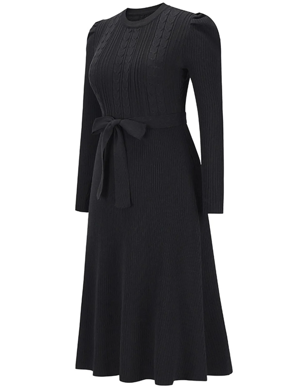 Hot Retro Stage 1940s Solid Knitted Lantern A-line Belt Dress