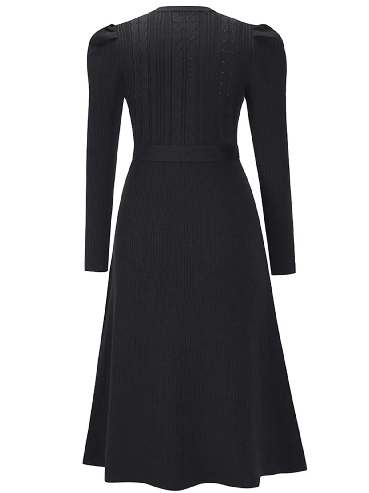 Hot Retro Stage 1940s Solid Knitted Lantern A-line Belt Dress