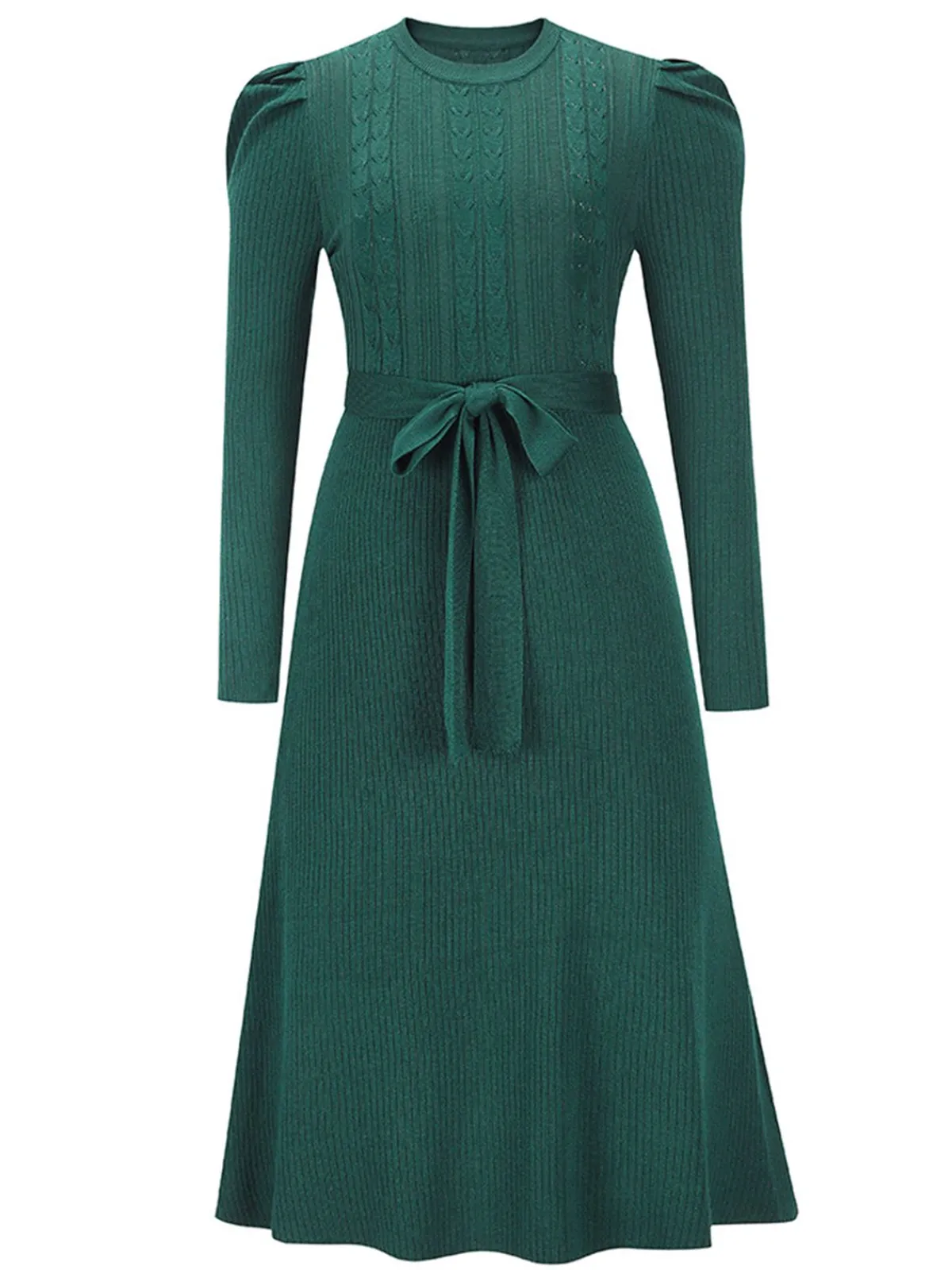 Hot Retro Stage 1940s Solid Knitted Lantern A-line Belt Dress
