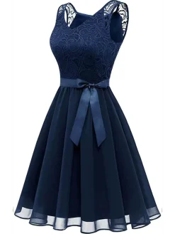 Outlet Retro Stage 1940s Solid Lace Chiffon Patchwork Dress