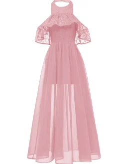 Outlet Retro Stage 1940s Solid Lace Cold-Shoulder Long Dress
