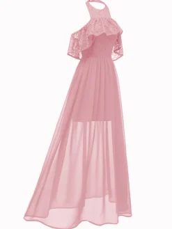 Outlet Retro Stage 1940s Solid Lace Cold-Shoulder Long Dress