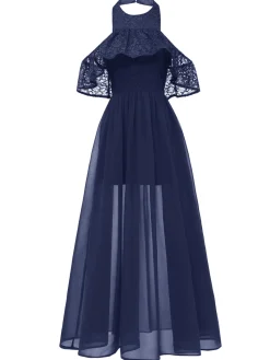 Outlet Retro Stage 1940s Solid Lace Cold-Shoulder Long Dress