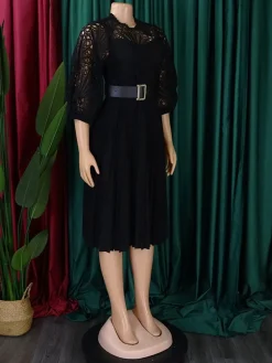 Online Retro Stage 1960s Solid Lace Crochet Pleated Belted Dress
