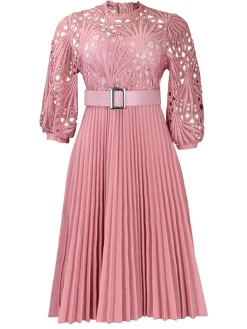 Online Retro Stage 1960s Solid Lace Crochet Pleated Belted Dress