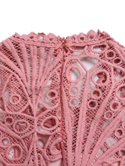 Online Retro Stage 1960s Solid Lace Crochet Pleated Belted Dress