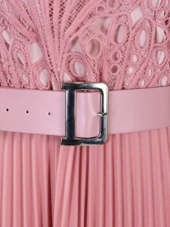 Online Retro Stage 1960s Solid Lace Crochet Pleated Belted Dress