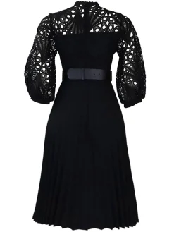Online Retro Stage 1960s Solid Lace Crochet Pleated Belted Dress