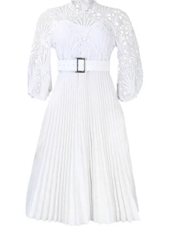 Online Retro Stage 1960s Solid Lace Crochet Pleated Belted Dress
