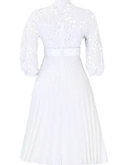 Online Retro Stage 1960s Solid Lace Crochet Pleated Belted Dress