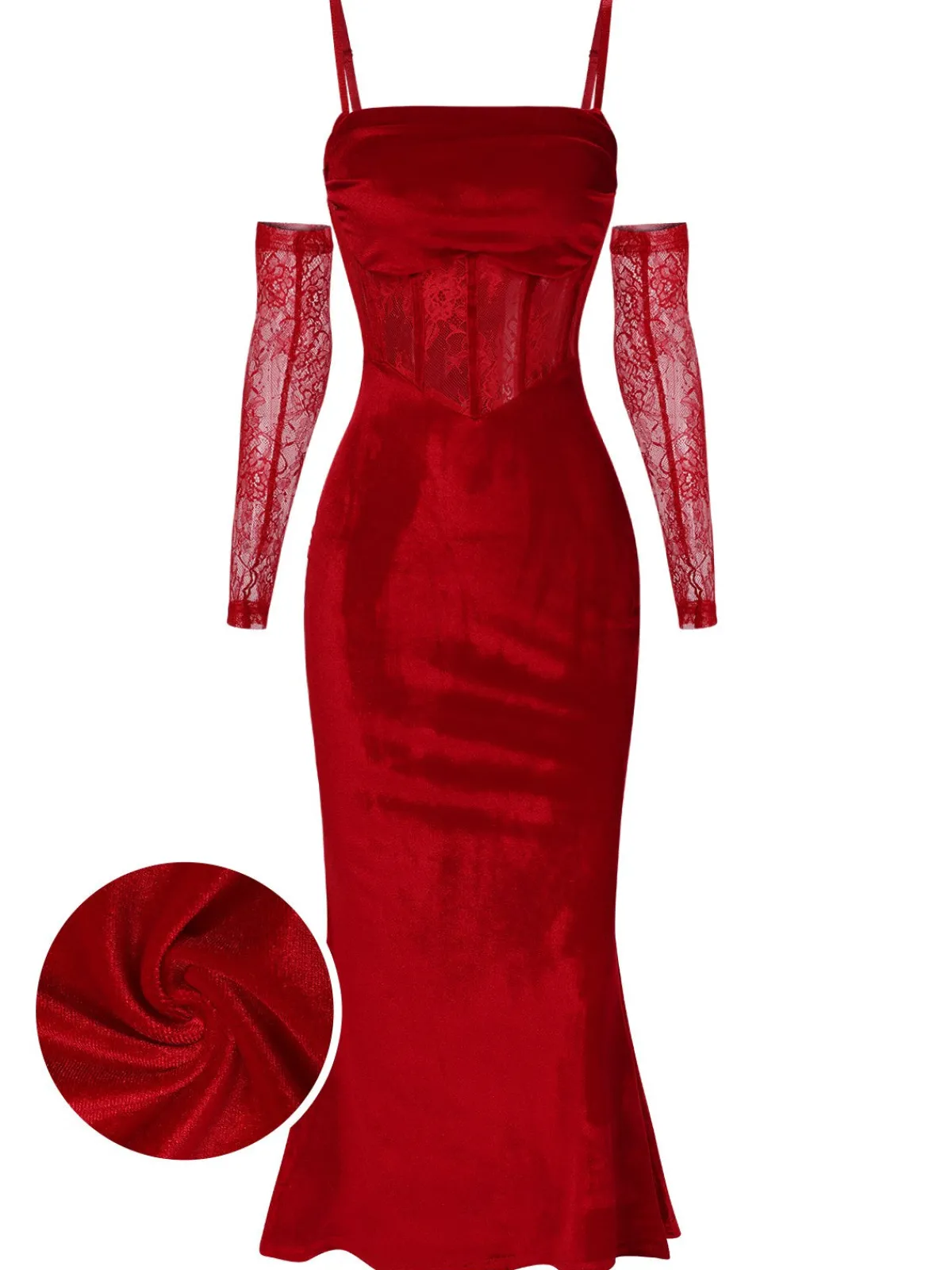Best Retro Stage 1930s Solid Lace Patchwork Velvet Fishtail Dress