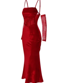 Best Retro Stage 1930s Solid Lace Patchwork Velvet Fishtail Dress