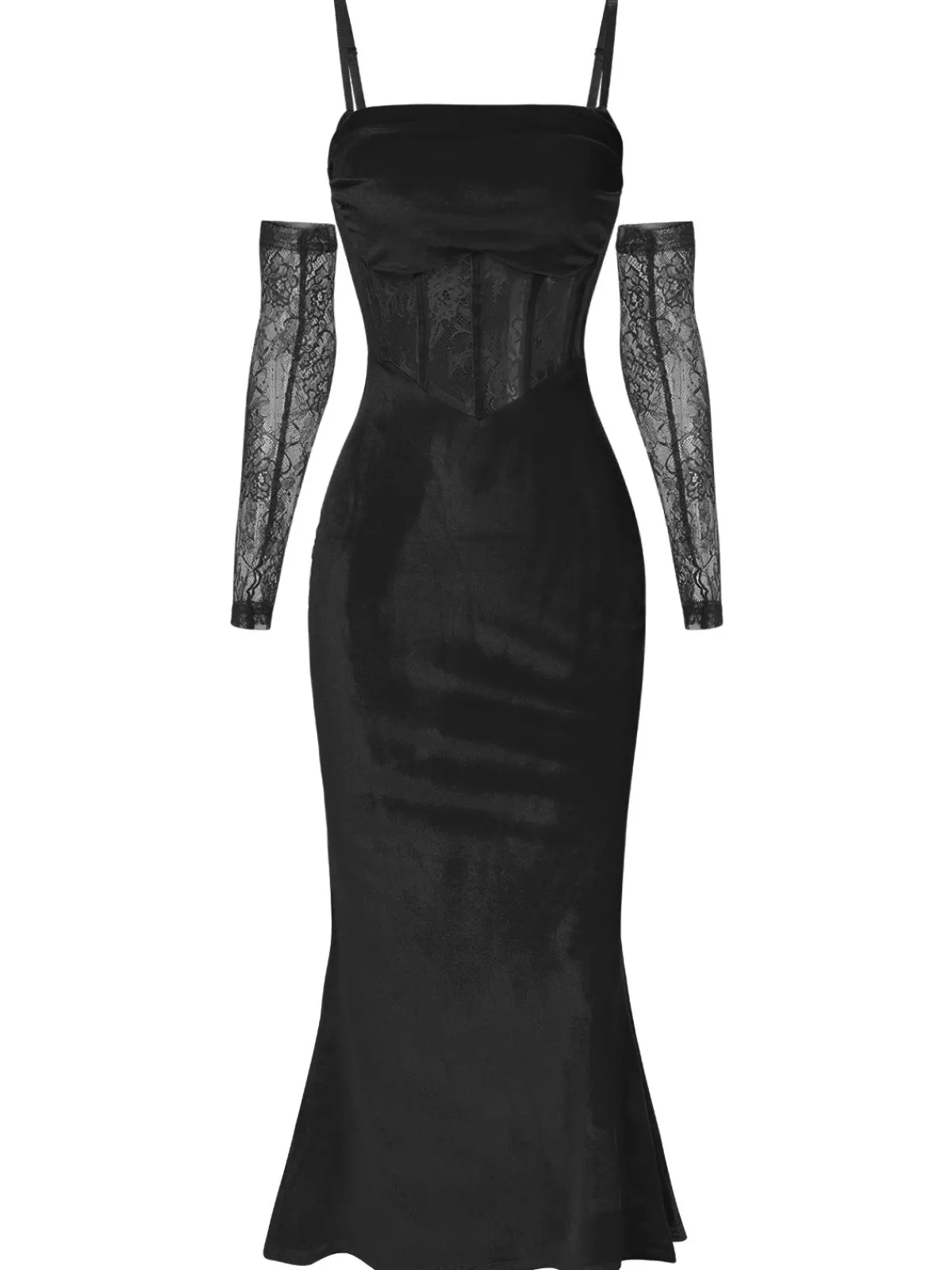 Best Retro Stage 1930s Solid Lace Patchwork Velvet Fishtail Dress