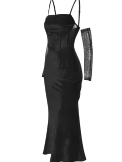 Best Retro Stage 1930s Solid Lace Patchwork Velvet Fishtail Dress