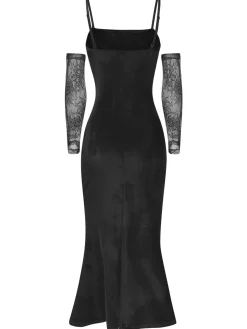 Best Retro Stage 1930s Solid Lace Patchwork Velvet Fishtail Dress