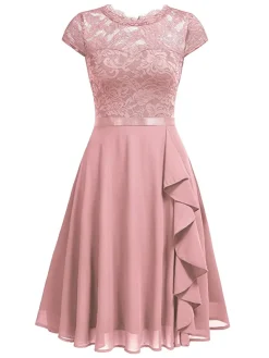 Fashion Retro Stage 1950s Solid Lace Round Neck Patchwork Dress