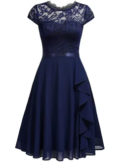 Fashion Retro Stage 1950s Solid Lace Round Neck Patchwork Dress