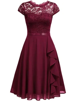 Fashion Retro Stage 1950s Solid Lace Round Neck Patchwork Dress