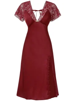 Sale Retro Stage 1960s Solid Lace Satin Patchwork V-neck Side-Slit Nightgown