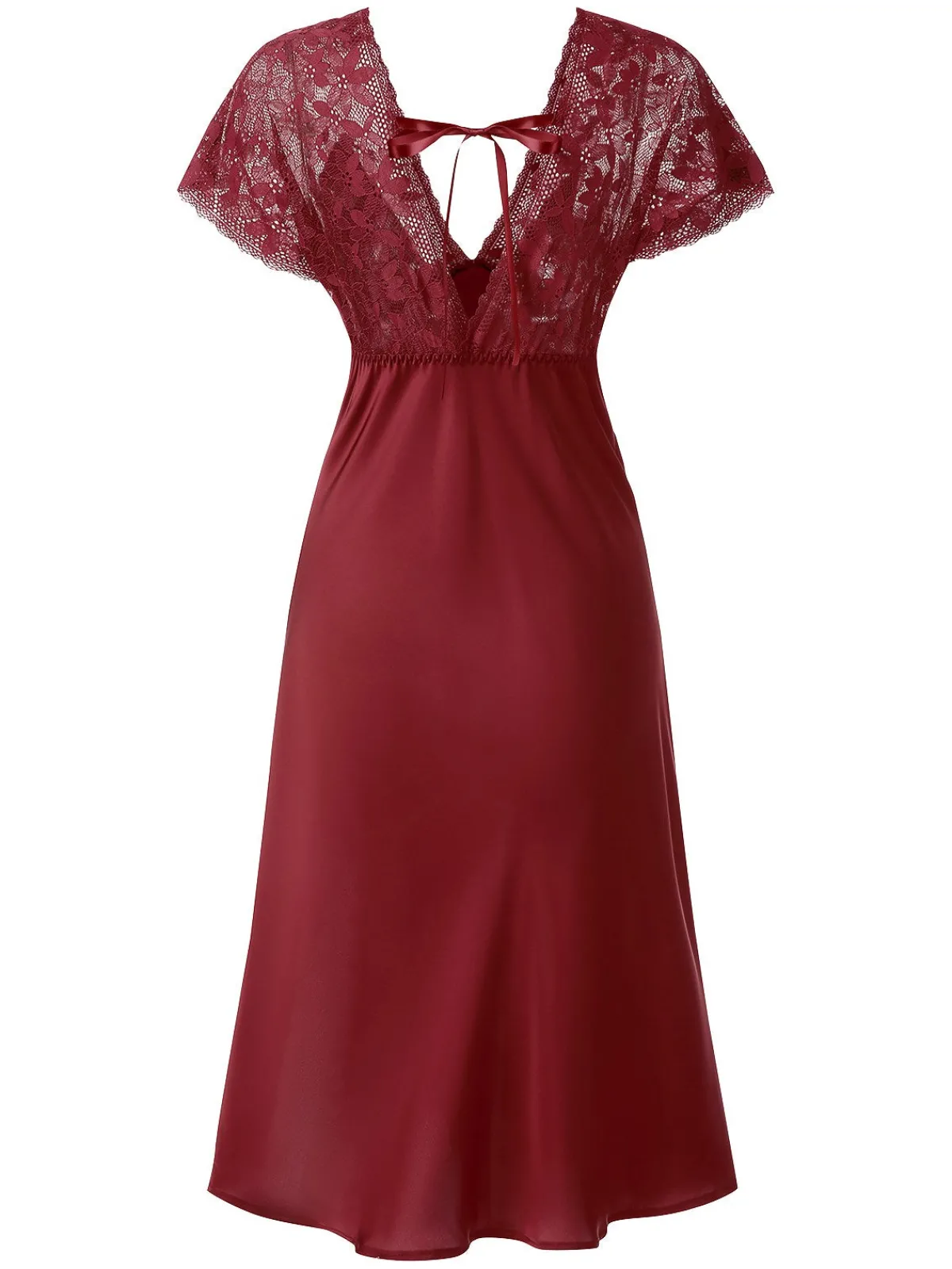 Sale Retro Stage 1960s Solid Lace Satin Patchwork V-neck Side-Slit Nightgown