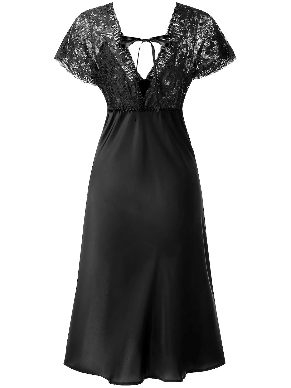 Sale Retro Stage 1960s Solid Lace Satin Patchwork V-neck Side-Slit Nightgown
