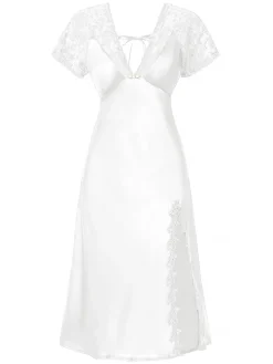 Sale Retro Stage 1960s Solid Lace Satin Patchwork V-neck Side-Slit Nightgown
