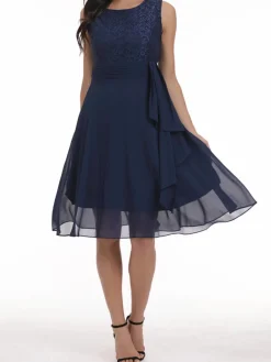 Fashion Retro Stage 1950s Solid Lace Sleeveless Swing Dress