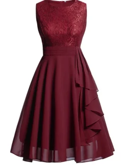 Fashion Retro Stage 1950s Solid Lace Sleeveless Swing Dress