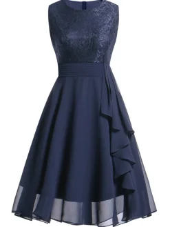 Fashion Retro Stage 1950s Solid Lace Sleeveless Swing Dress