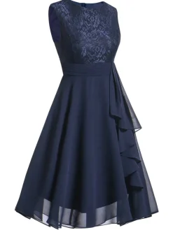 Fashion Retro Stage 1950s Solid Lace Sleeveless Swing Dress