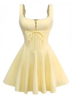 Clearance Retro Stage 1960s Solid Lace Straps Lace-Up Skater Dress