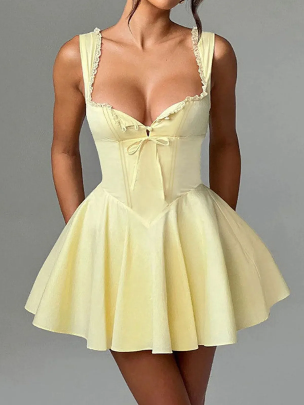 Clearance Retro Stage 1960s Solid Lace Straps Lace-Up Skater Dress