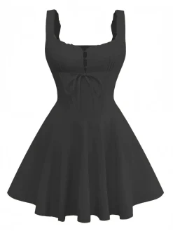 Clearance Retro Stage 1960s Solid Lace Straps Lace-Up Skater Dress