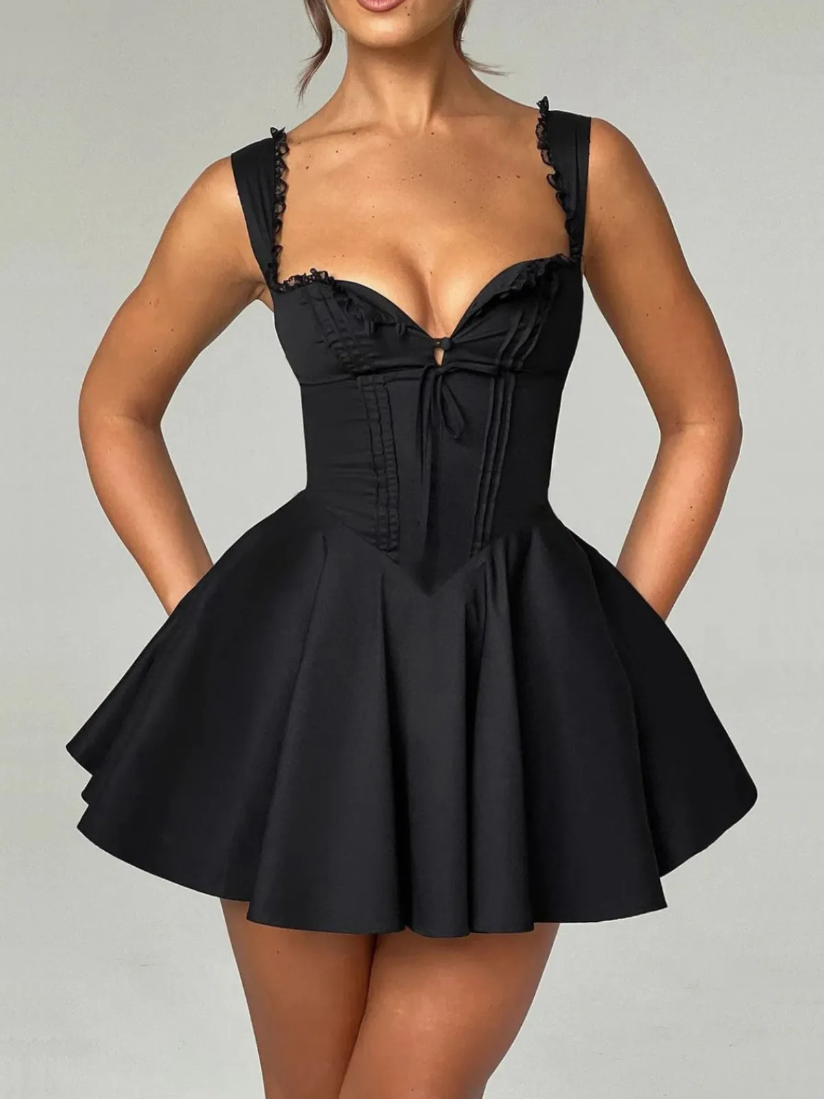 Clearance Retro Stage 1960s Solid Lace Straps Lace-Up Skater Dress