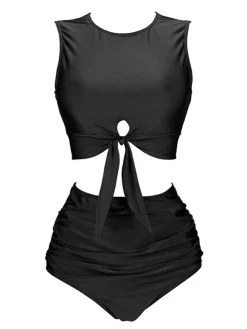 Fashion Retro Stage 1950s Solid Lace-Up Crewl Neck Swimsuit