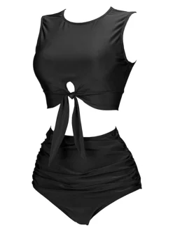 Fashion Retro Stage 1950s Solid Lace-Up Crewl Neck Swimsuit