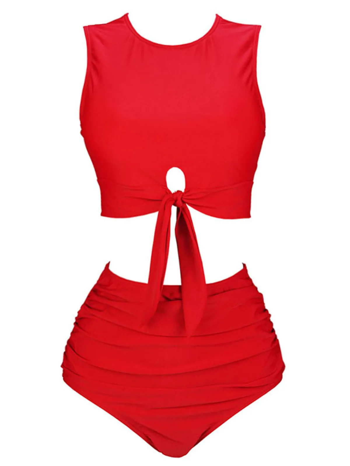 Fashion Retro Stage 1950s Solid Lace-Up Crewl Neck Swimsuit
