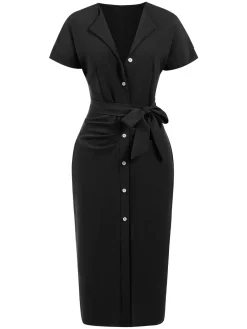Hot Retro Stage 1960s Solid Lace-Up Pencil Dress