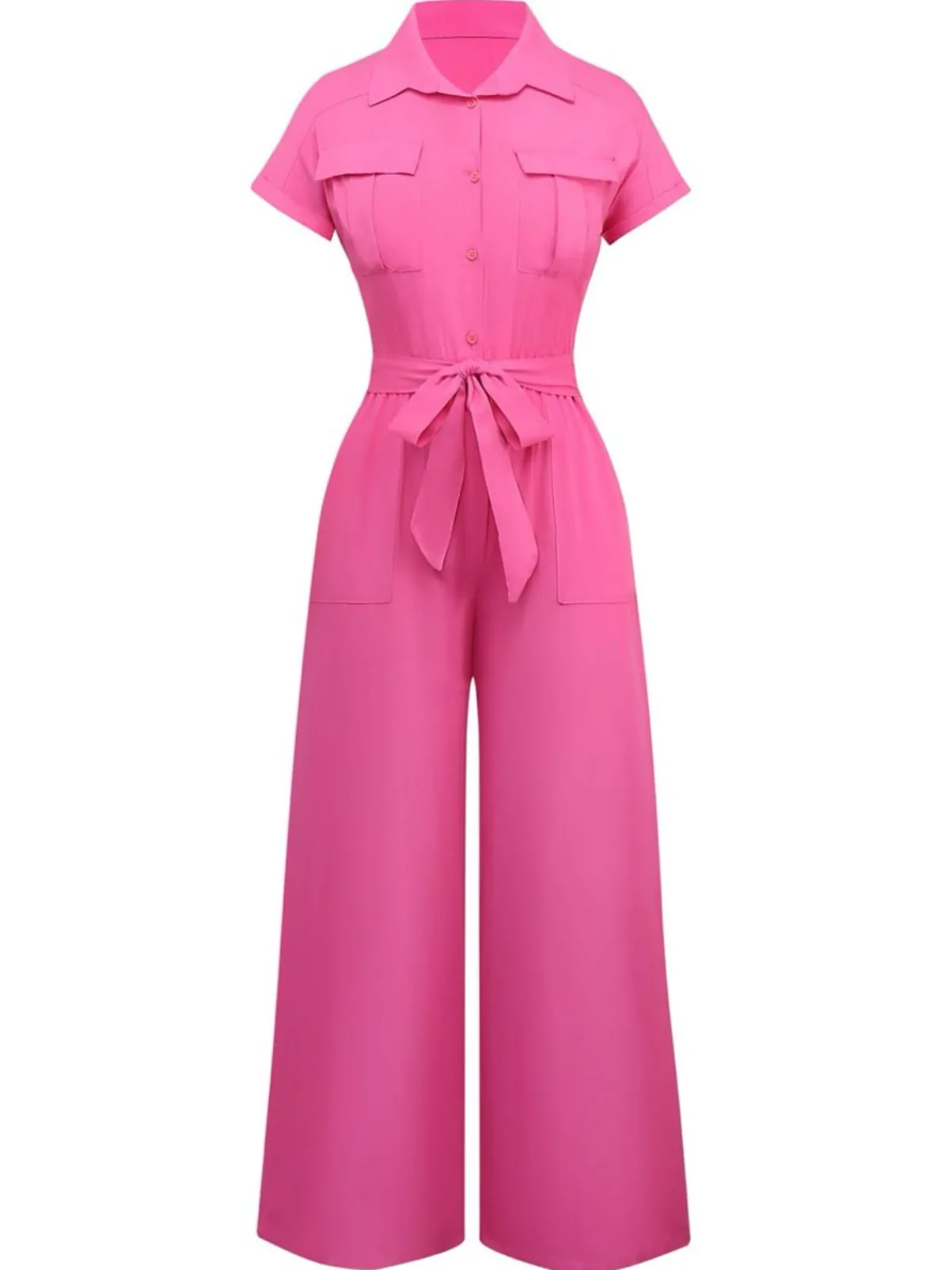 Discount Retro Stage 1930s Solid Lapel Button Belted Cargo Jumpsuit