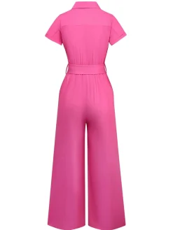 Discount Retro Stage 1930s Solid Lapel Button Belted Cargo Jumpsuit